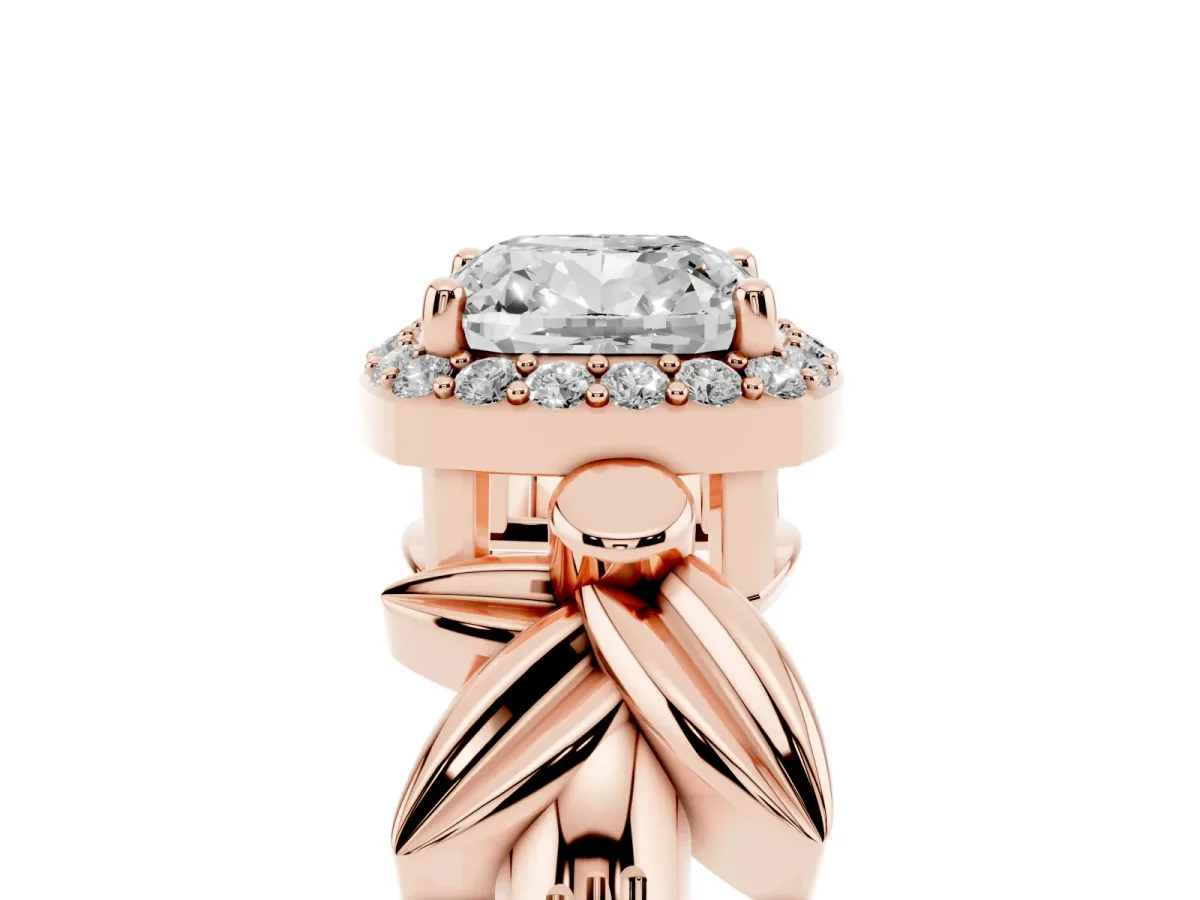Cushion Cut Halo Diamond Floral Band with Four-Prong Setting Rose gold