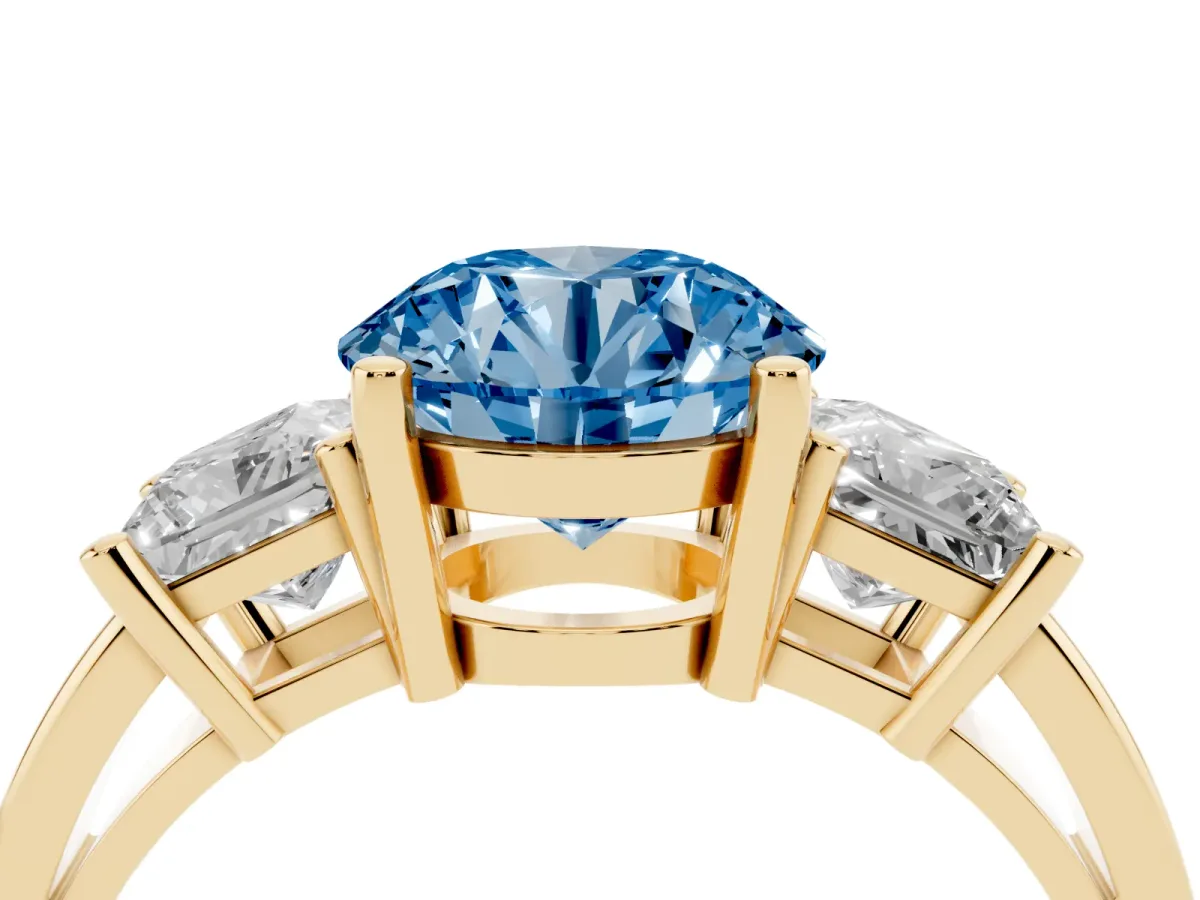 Fancy Blue Three-Stone Round Cut Cut Solitaire Ring with Prong Setting Yellow gold