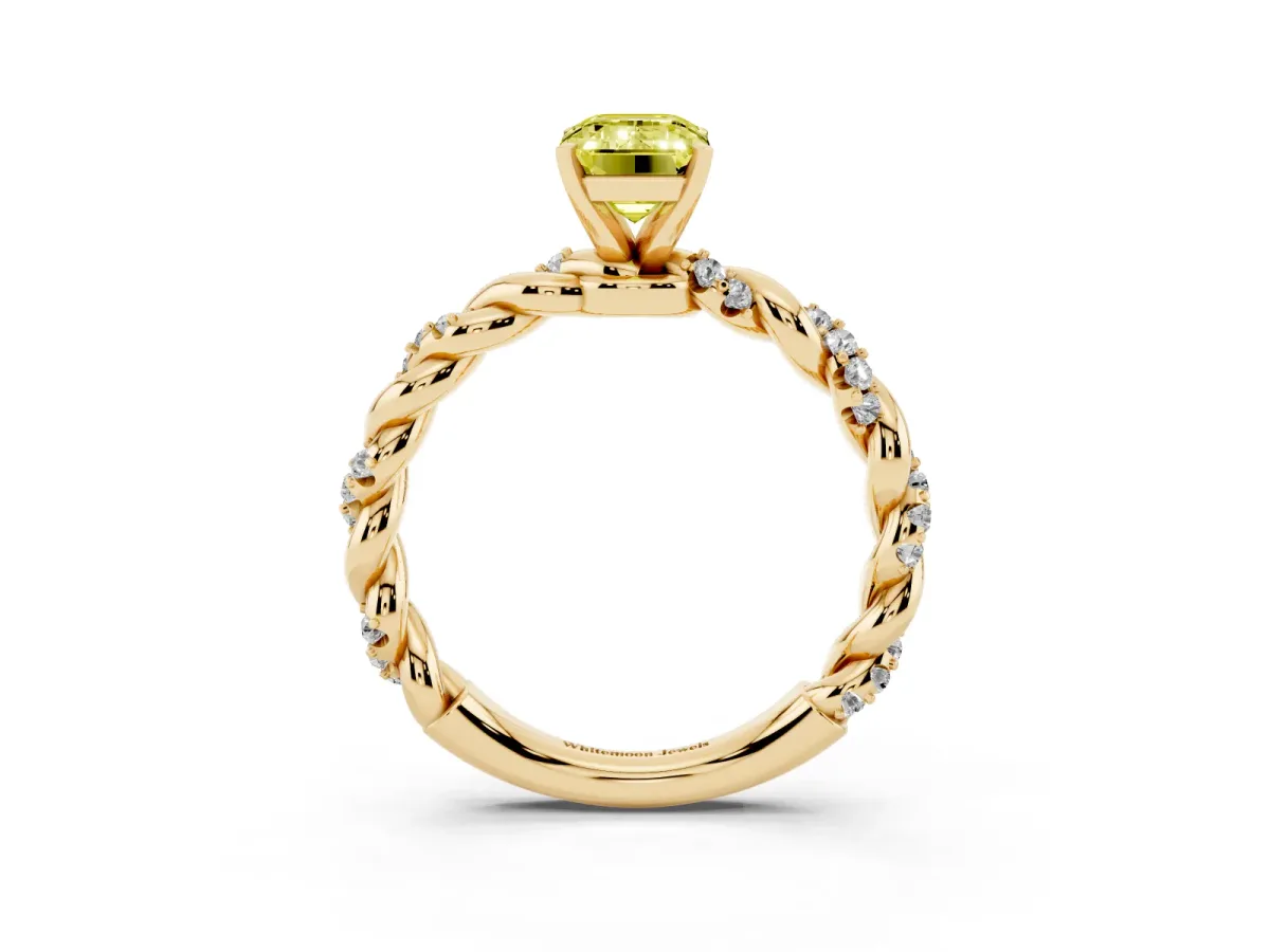 Fancy Yellow Emerald Cut Diamond Solitaire Ring with Twisted Band and Pavé Accents Yellow gold