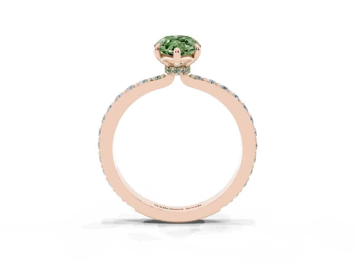 Fancy Green Marquise Cut Diamond Pavé Engagement Ring with Round Accents and Prong Setting Rose gold