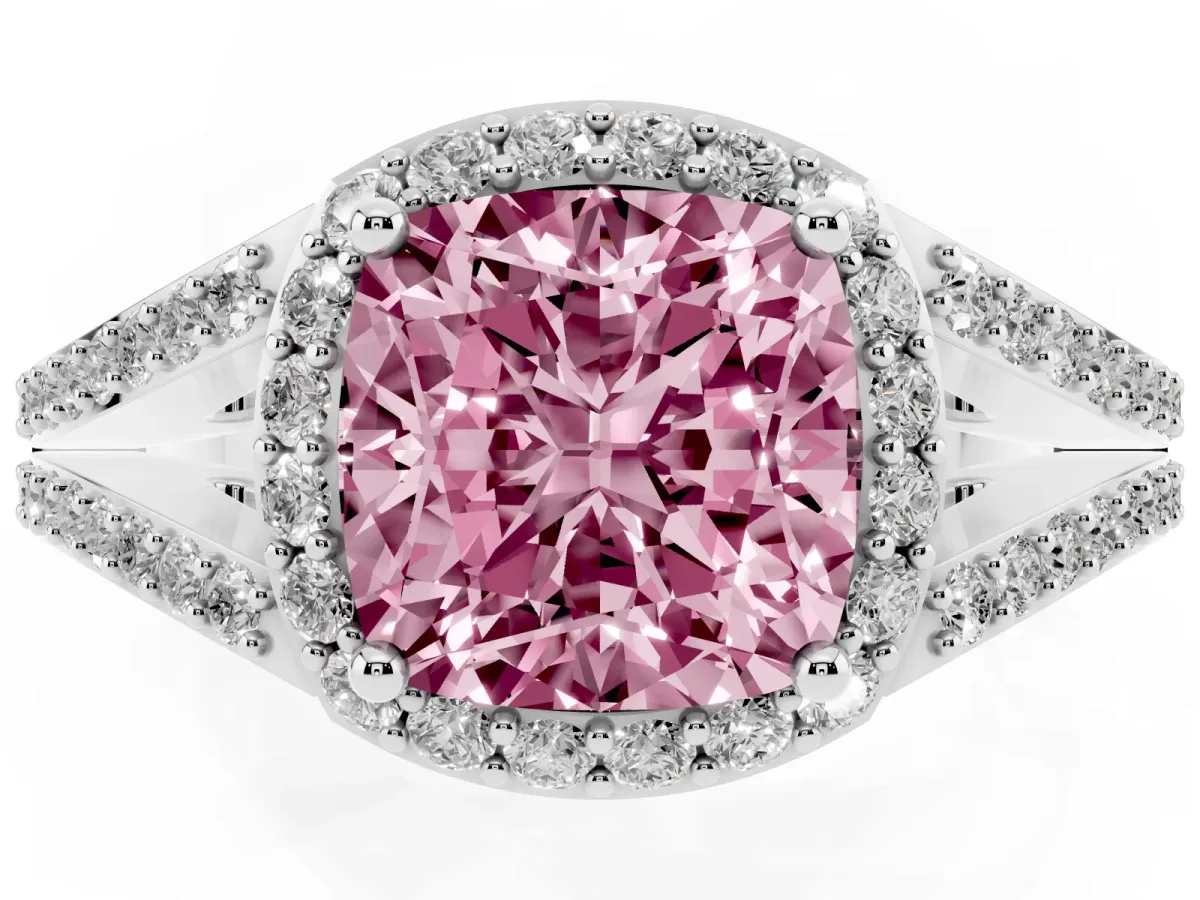 Fancy Pink Cushion Cut Halo Split Shank Pave Diamond Ring with Four-Prong Setting Silver