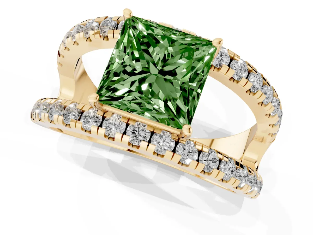 Fancy Green Princess Cut Solitaire Split Shank Pave Diamond Ring Yellow gold