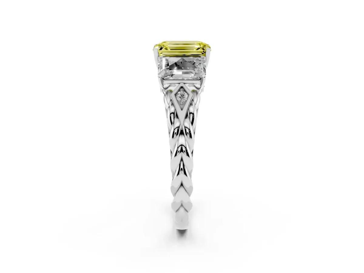 Fancy Yellow Three-Stone Emerald Cut Diamond Braided Band Ring with Four-Prong Setting Platinum