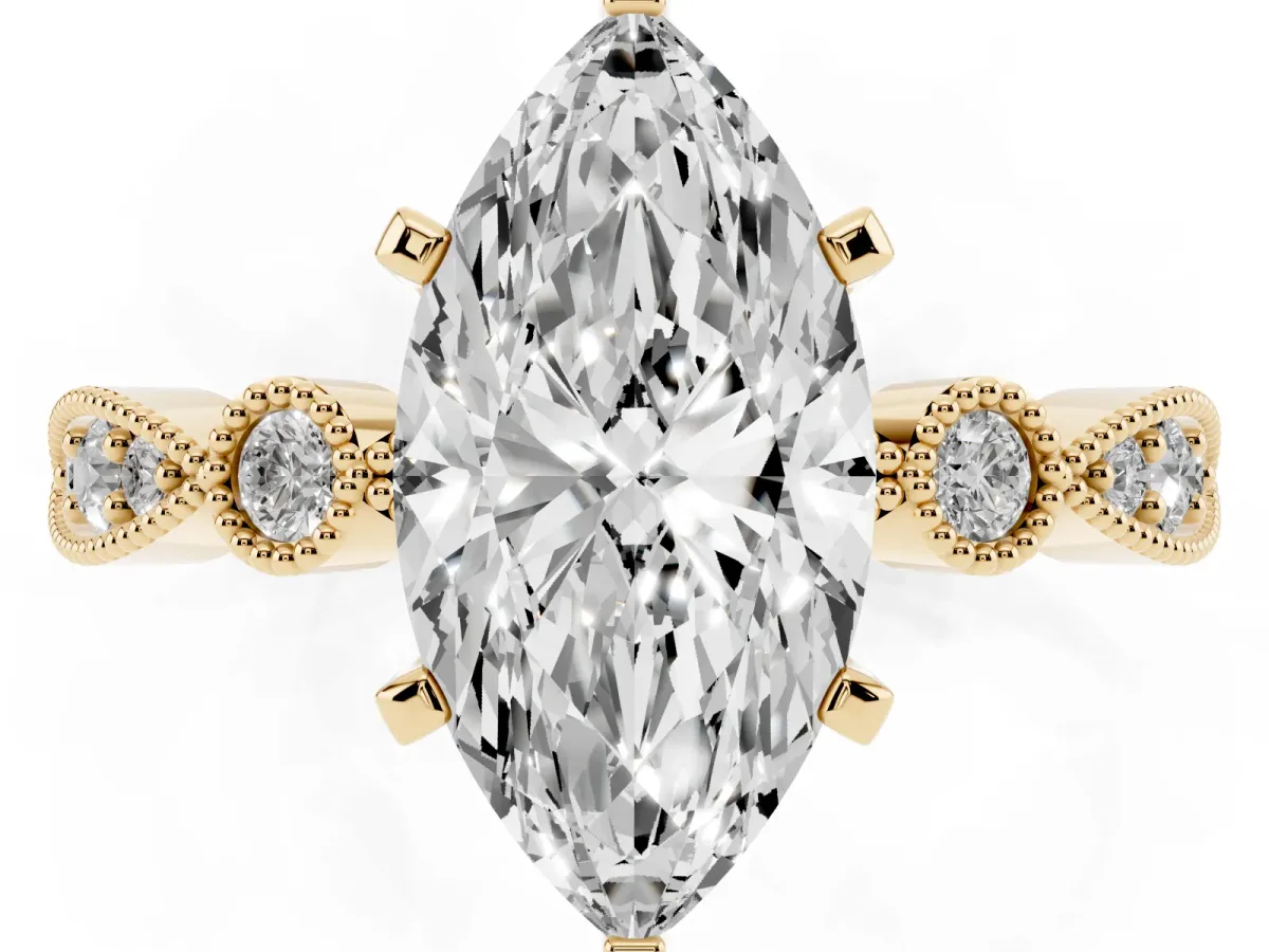 Marquise Cut Milgrain Bezel Diamond Engagement Ring with Solitaire Prong Setting Yellow gold