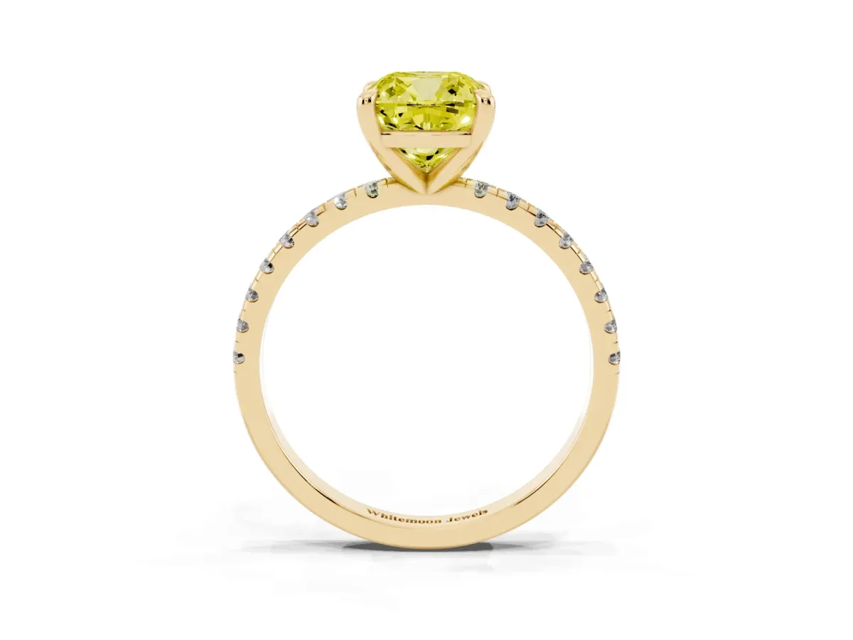 Fancy Yellow Cushion Cut Diamond Brilliant Solitaire Ring with Pavé Band and Four-Prong Setting Yellow gold