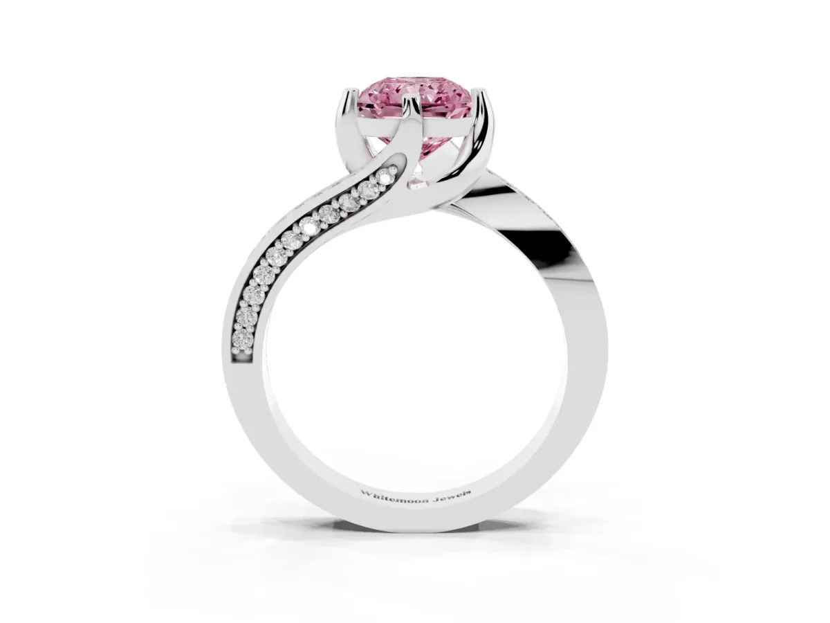 Fancy Pink Radiant Cut Solitaire Diamond Twist Band with Pavé Setting and Four-Prong Setting Silver