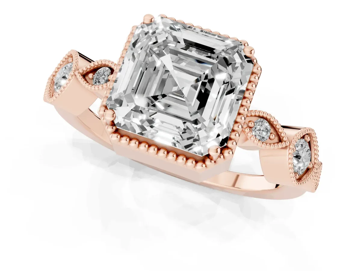 Asscher Cut Diamond Vintage Milgrain Ring with Round Stations Rose gold