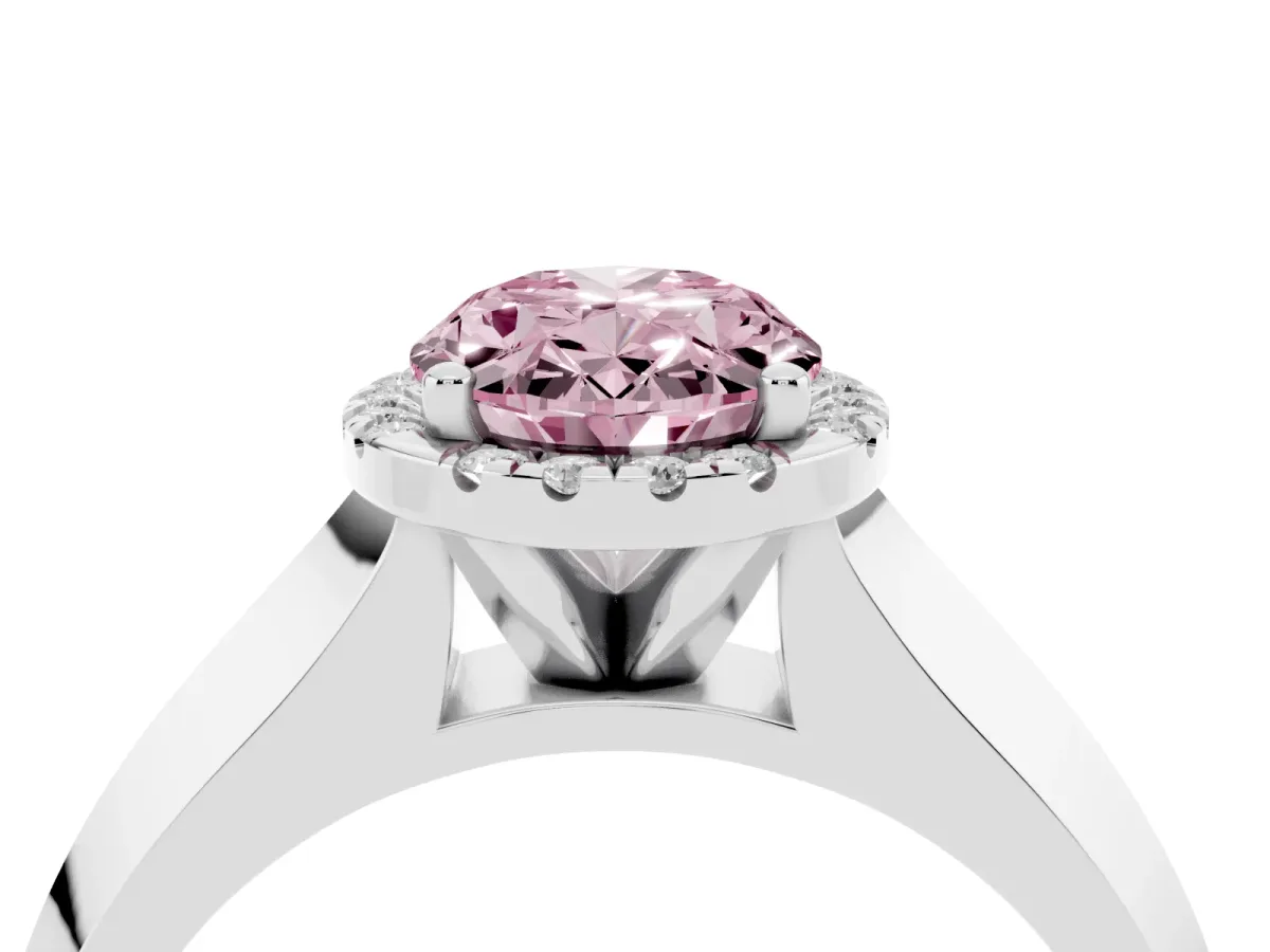 Fancy Pink Oval Cut Halo Diamond Ring with Cathedral Band and Four-Prong Setting Silver