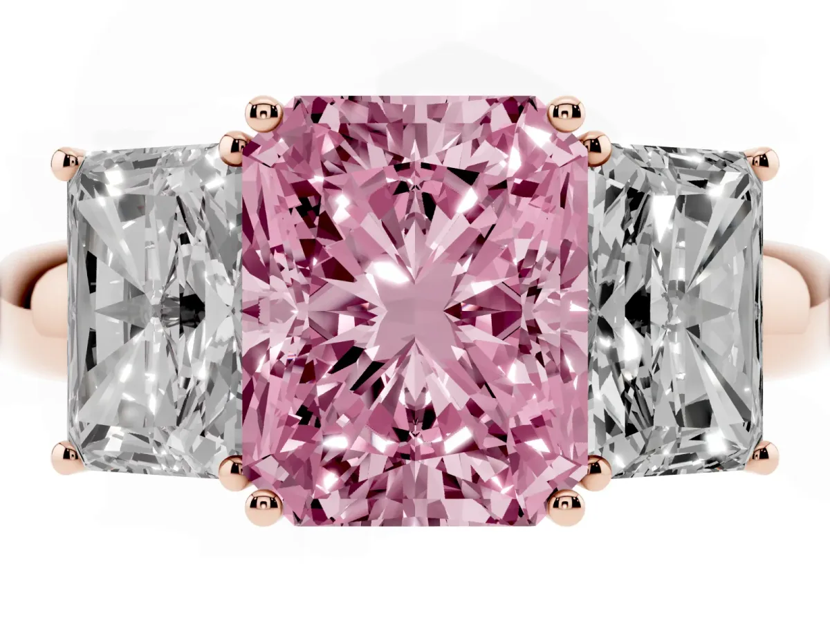 Fancy Pink Radiant Cut Diamond Three-Stone Ring with Four-Prong Setting and Classic Band Rose gold