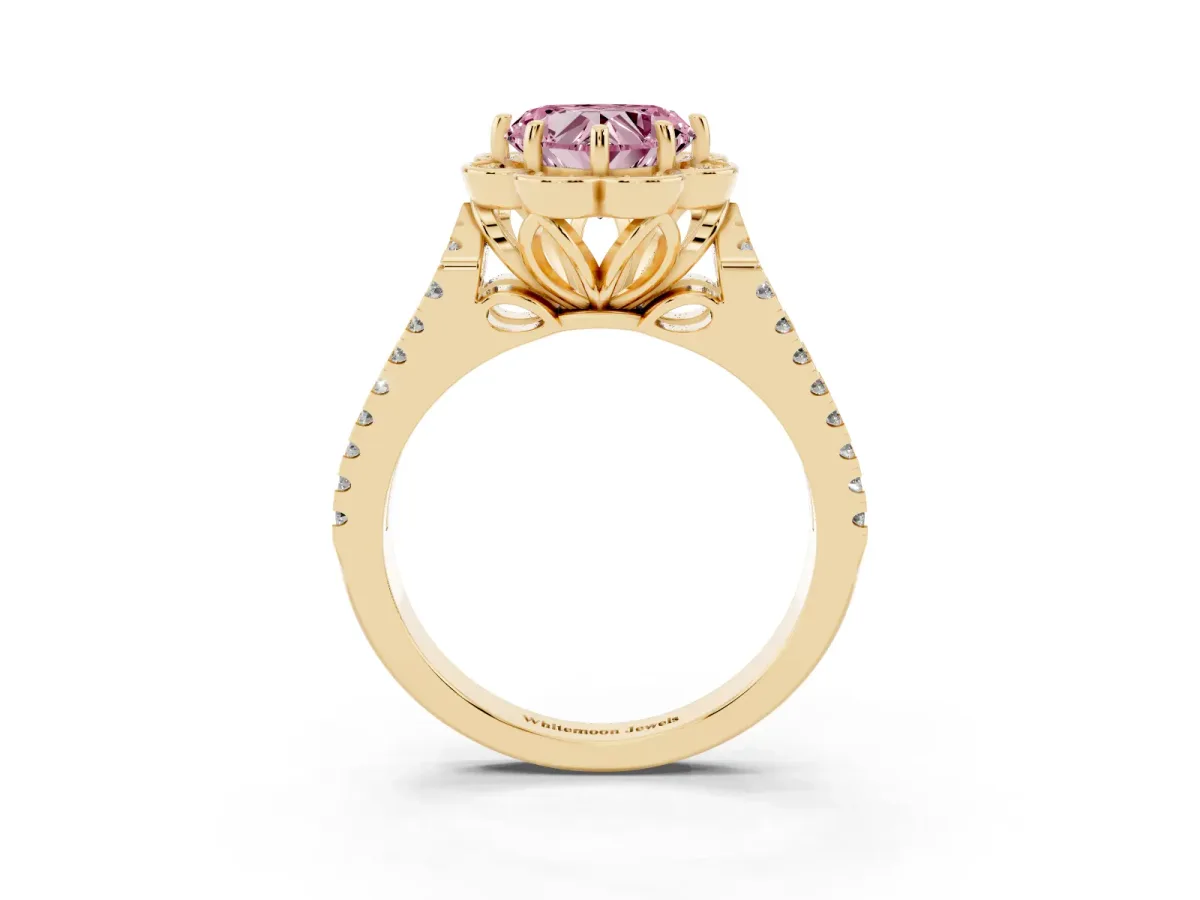 Fancy Pink Heart Cut Halo Diamond Floral Split Shank Engagement Ring Yellow gold