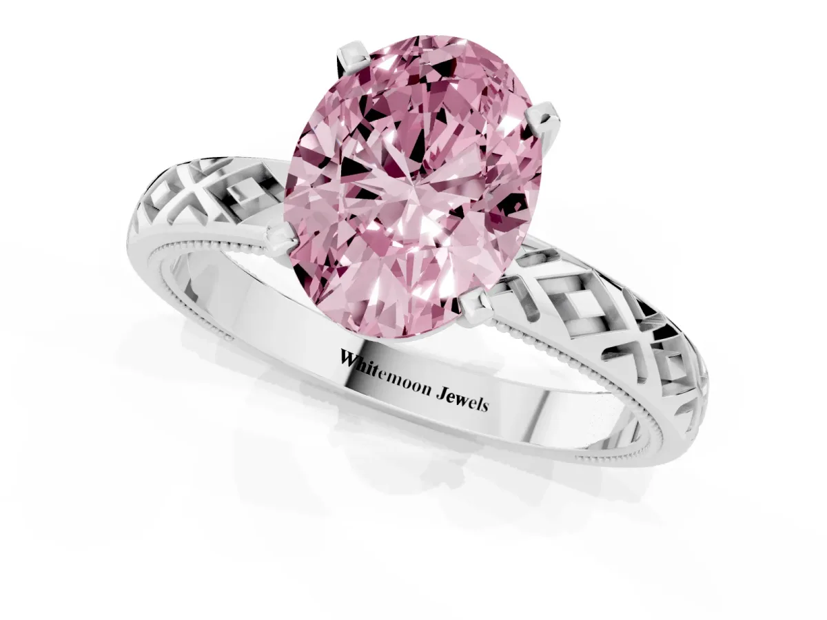 Fancy Pink Oval Cut Solitaire Diamond Ring with Milgrain and Black Enamel X Pattern Band Silver