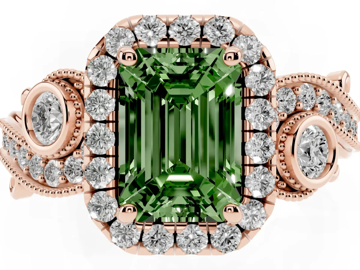 Fancy Green Emerald Cut Halo Diamond Ring with Milgrain and Bezel Accents on a Split Shank Band Rose gold
