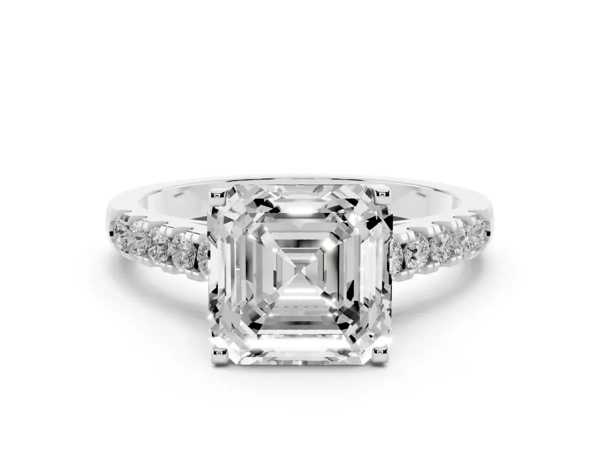Asscher Cut Diamond Pavé Band Solitaire Ring with Prong Setting Silver