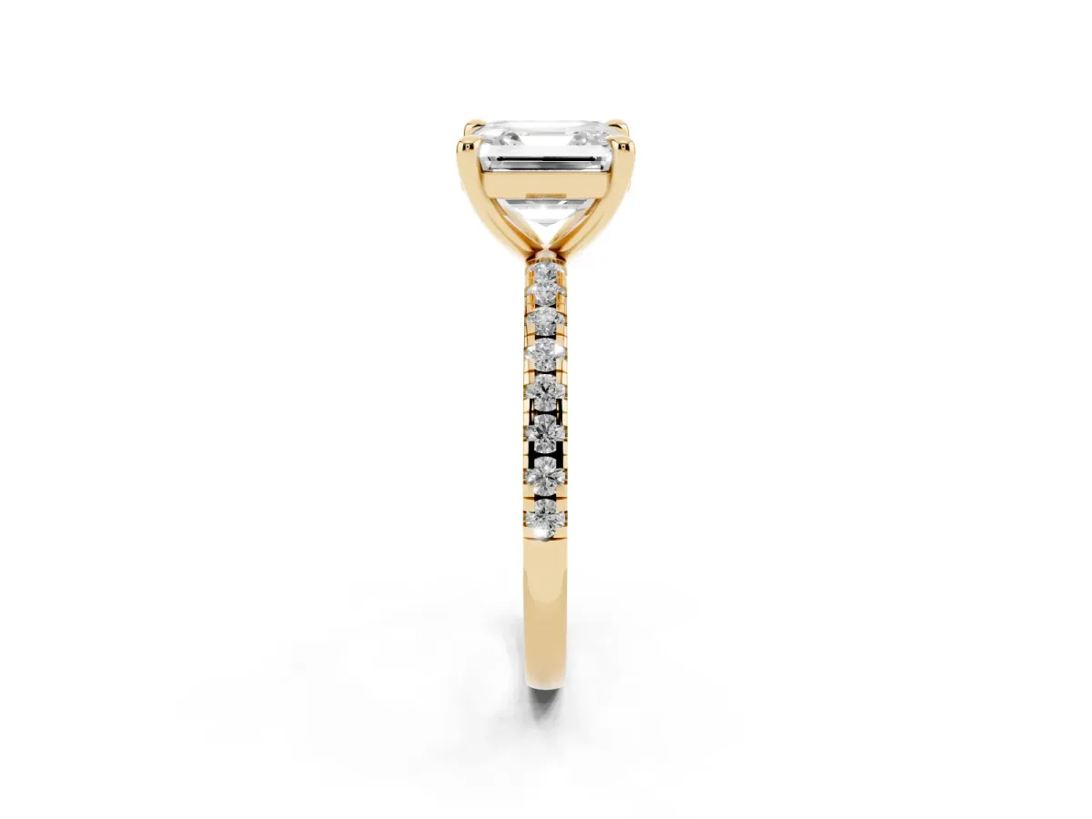Asscher Cut Diamond Brilliant Solitaire Ring with Pavé Band and Four-Prong Setting Yellow gold