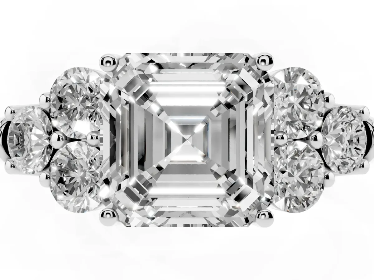 Asscher Cut Cut Diamond Cluster Ring with Round Accent Stones and Prong Setting on a Classic Band Platinum