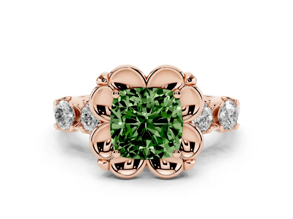 Fancy Green Cushion Cut Cut Diamond Floral Halo Engagement Ring with Shared Prong Setting Rose gold