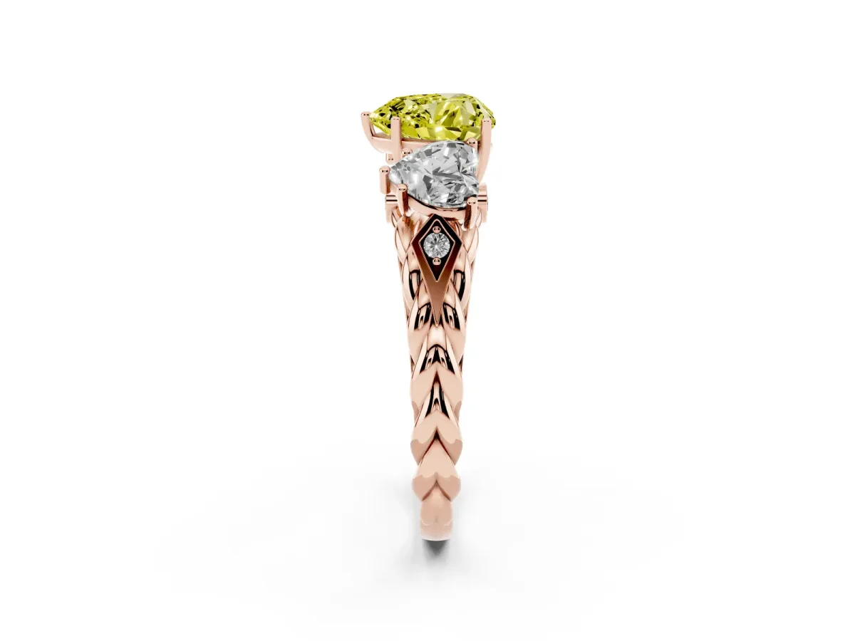 Fancy Yellow Three-Stone Heart Cut Diamond Braided Band Ring with Four-Prong Setting Rose gold