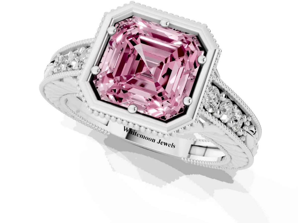 Fancy Pink Bezel Set Asscher Cut Diamond Milgrain Pave Engagement Ring Platinum