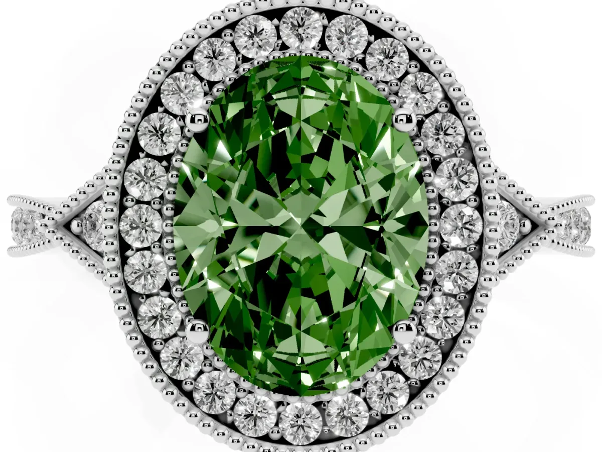 Fancy Green Oval Cut Halo Round Diamond Milgrain Pave Engagement Ring Silver