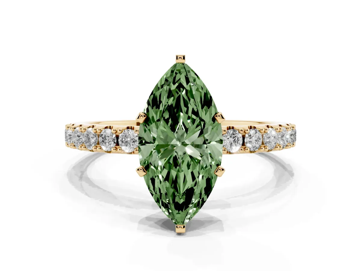 Fancy Green Marquise Cut Diamond Solitaire Pavé Band with Four-Prong Setting Yellow gold