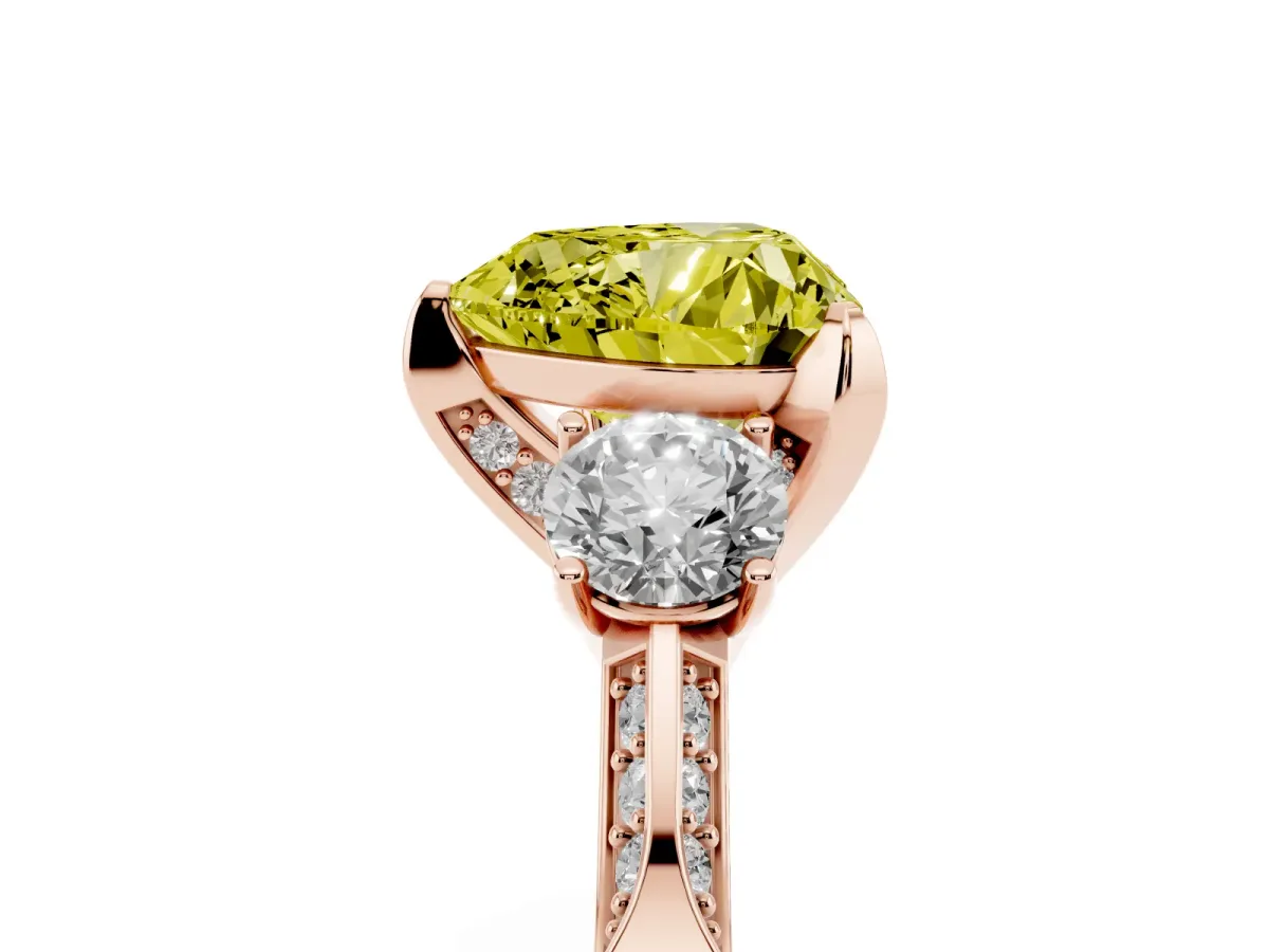 Fancy Yellow Heart Cut Brilliant Three-Stone Diamond Ring with Pavé Band and Four-Prong Setting Rose gold