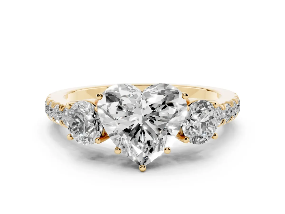 Heart Cut Cut Diamond Three-Stone Ring with Round Side Stones and Pavé Band Yellow gold