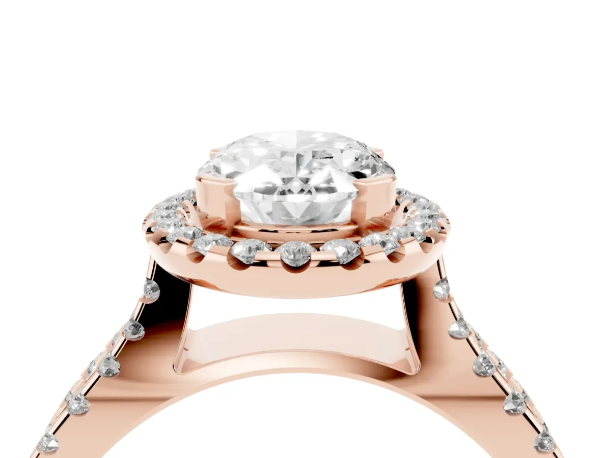 Oval Cut Diamond Halo Ring with Split Shank Pavé Band and Prong Setting Rose gold