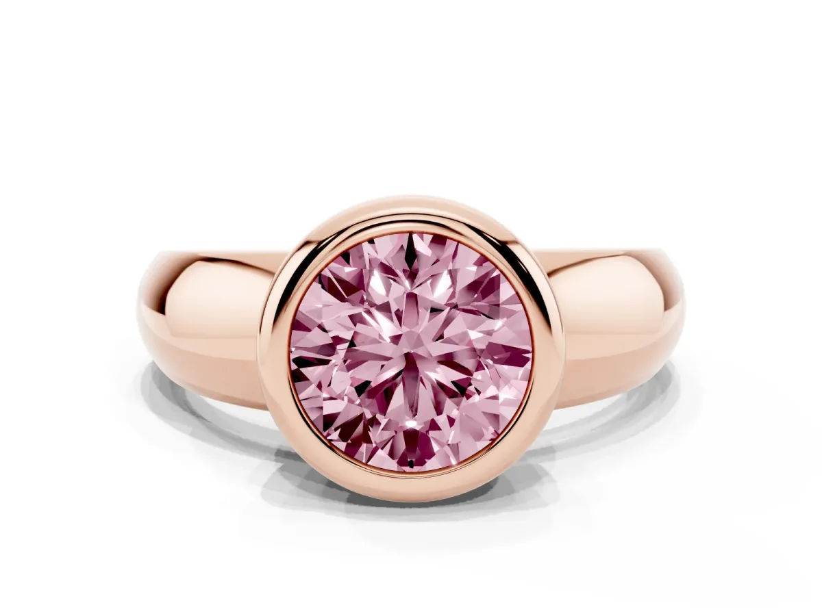 Fancy Pink Bezel Set Round Cut Solitaire Ring with Wide Band Rose gold