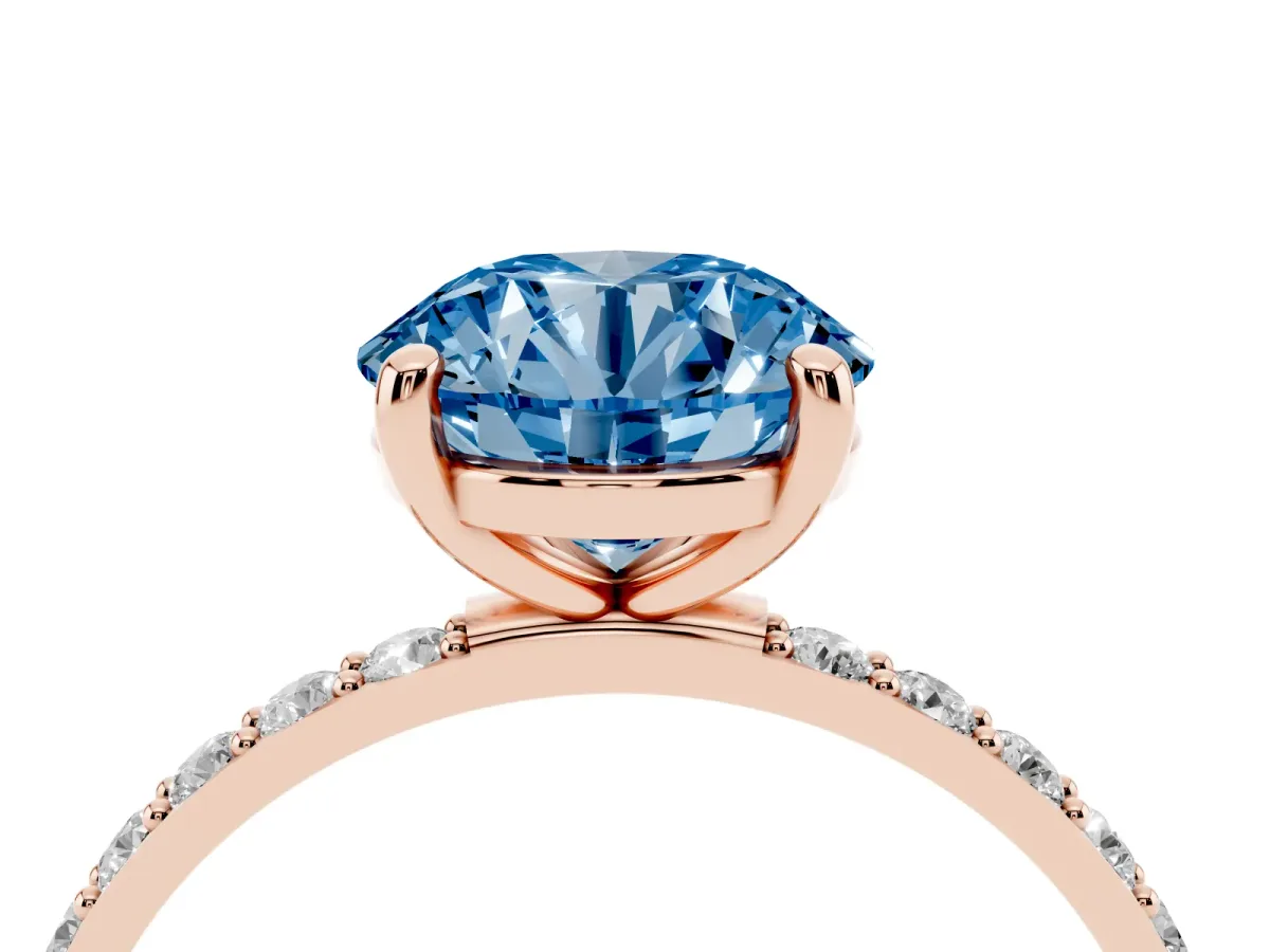 Fancy Blue Round Cut Diamond Solitaire Ring with Round Pavé Band and Prong Setting Rose gold