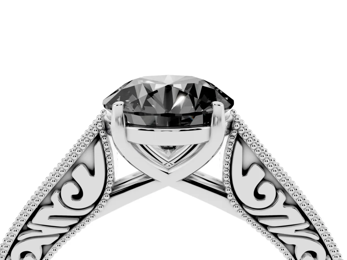 Fancy Black Round Cut Cut Pave Band Milgrain Solitaire Ring Silver