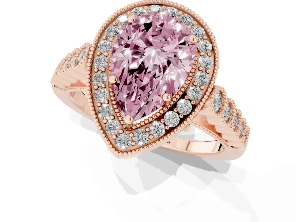 Fancy Pink Pear Cut Halo Twist Band Solitaire Ring with Six-Prong Setting Rose gold