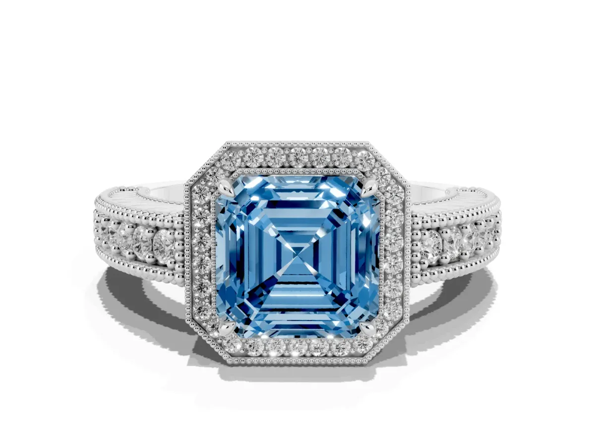 Fancy Blue Asscher Cut Cut Halo Diamond Ring with Pavé Band and Four-Prong Setting Silver