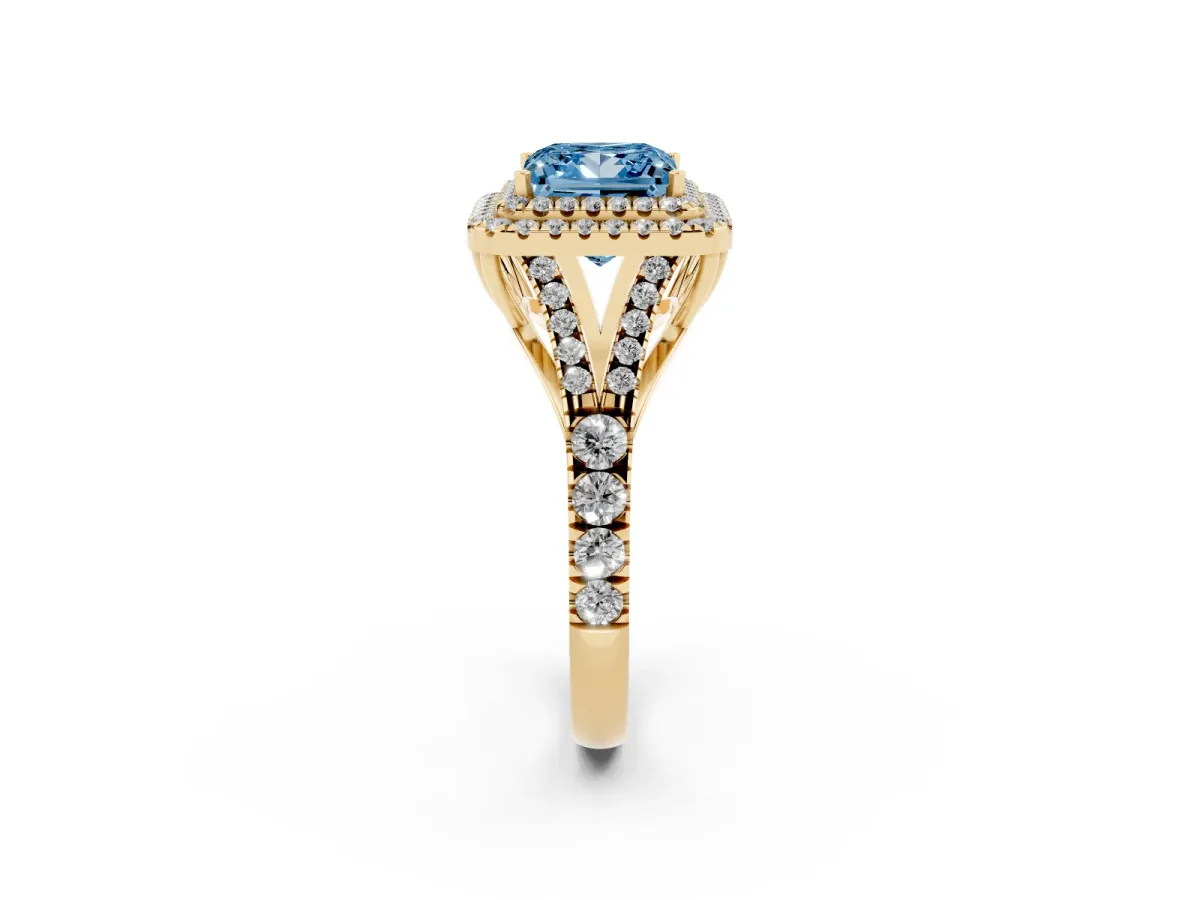 Fancy Blue Princess Cut Diamond Pavé Split Shank Double Halo Engagement Ring Yellow gold