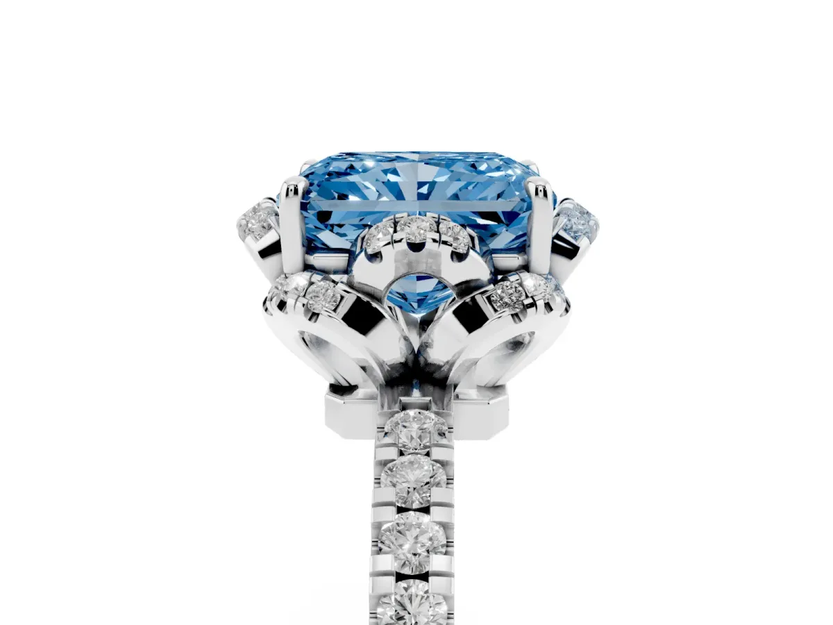 Fancy Blue Radiant Cut Halo Diamond Pave Band Ring with Four-Prong Setting Silver