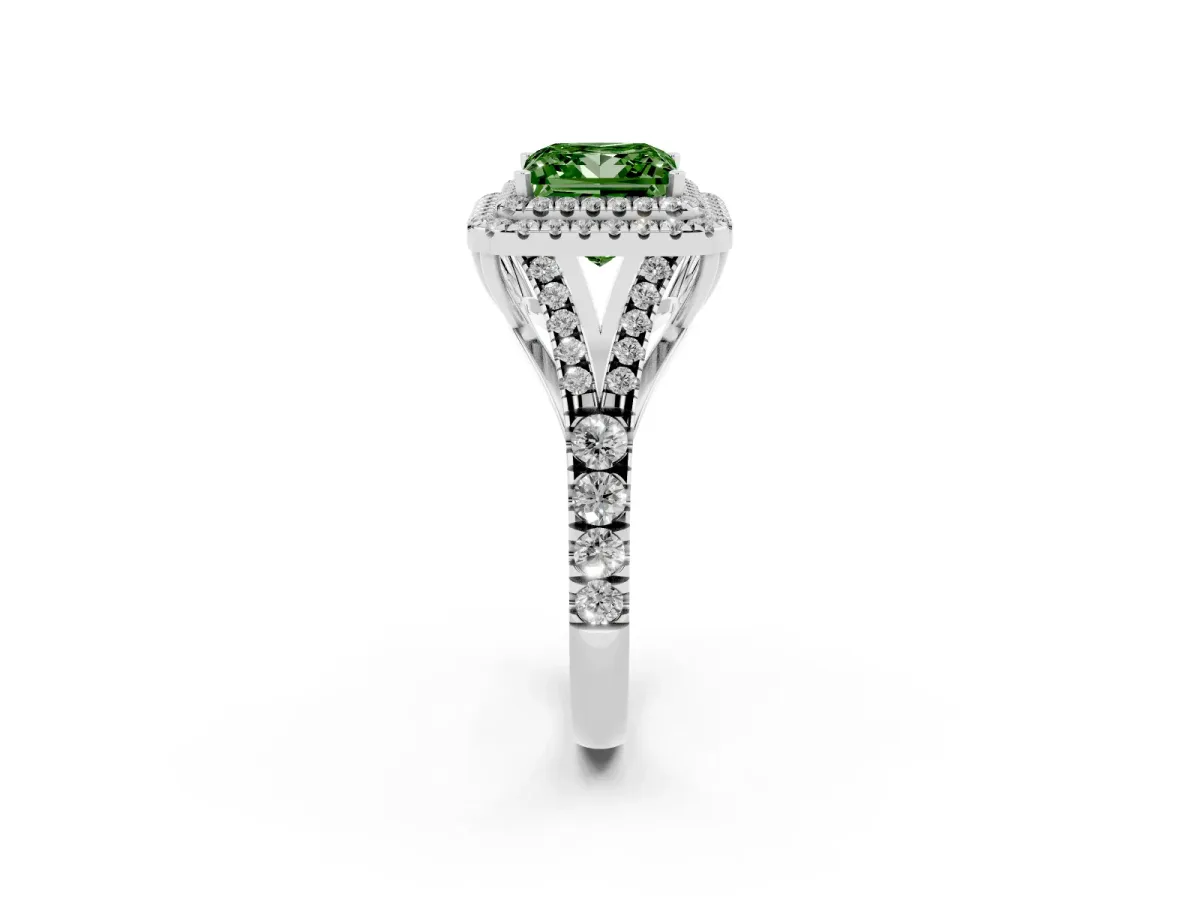 Fancy Green Princess Cut Diamond Double Halo Ring with Split Shank and Prong Setting Silver