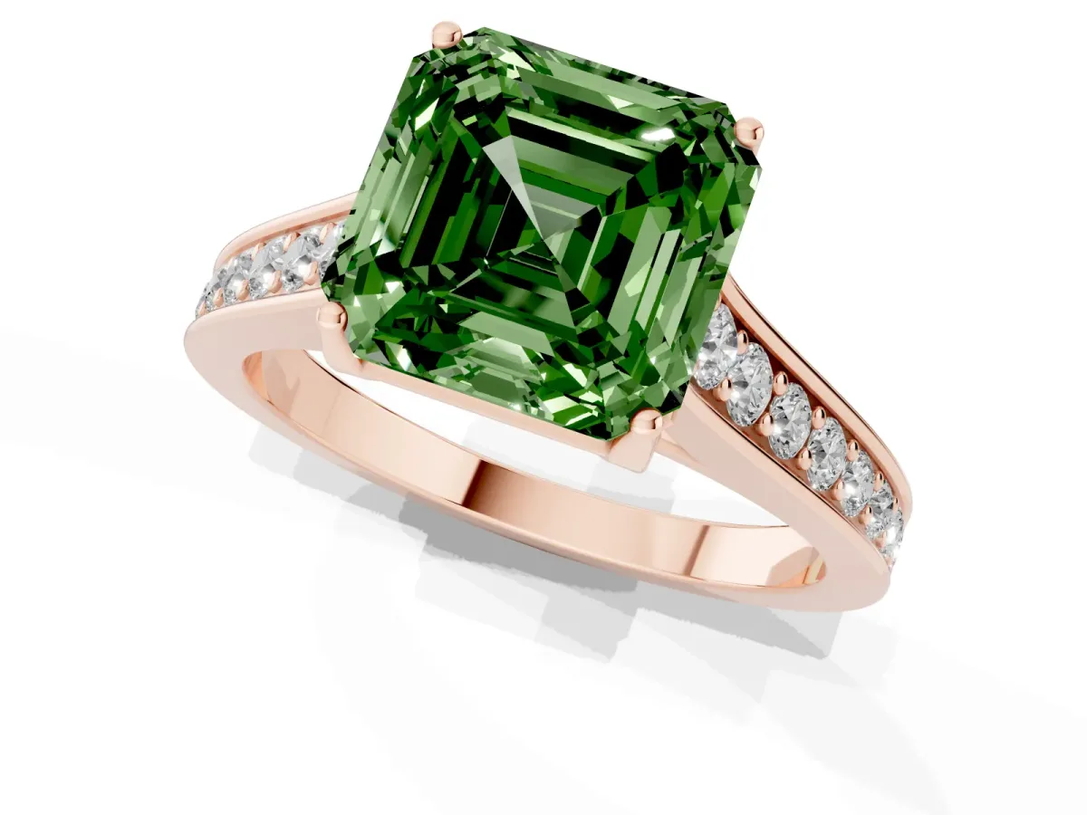Fancy Green Asscher Cut Brilliant Cut Diamond Engagement Ring with Pavé Band and Four-Prong Setting Rose gold