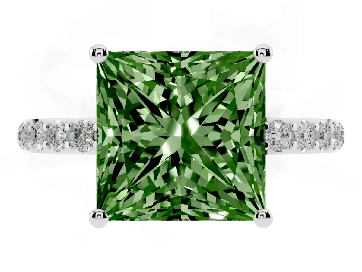 Fancy Green Princess Cut Diamond Solitaire Ring with Round Pavé Shoulders and Prong Setting Silver