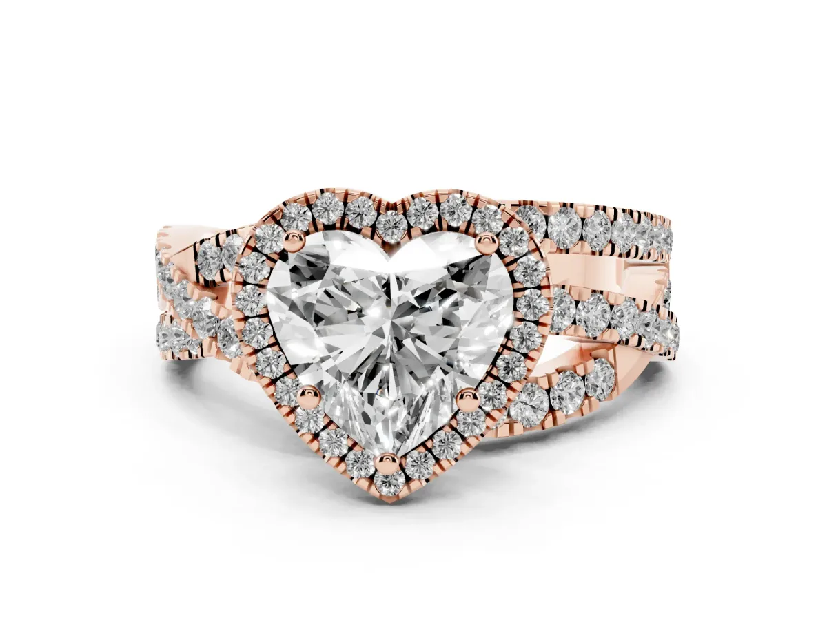 Heart Cut Diamond Halo Ring with Round Split Shank and Prong Setting Rose gold