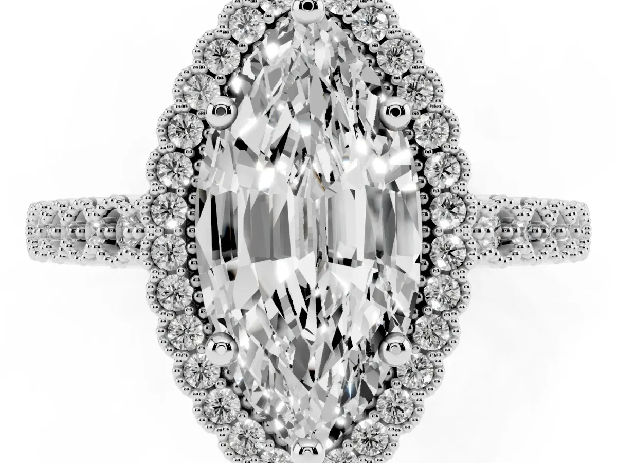 Marquise Cut Cut Halo Pavé Solitaire Ring with Milgrain Band White gold