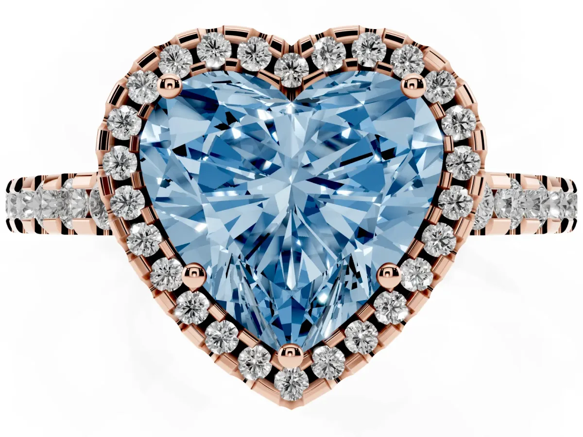 Fancy Blue Heart Cut Diamond Halo Engagement Ring with Pavé Band and Prong Setting Rose gold