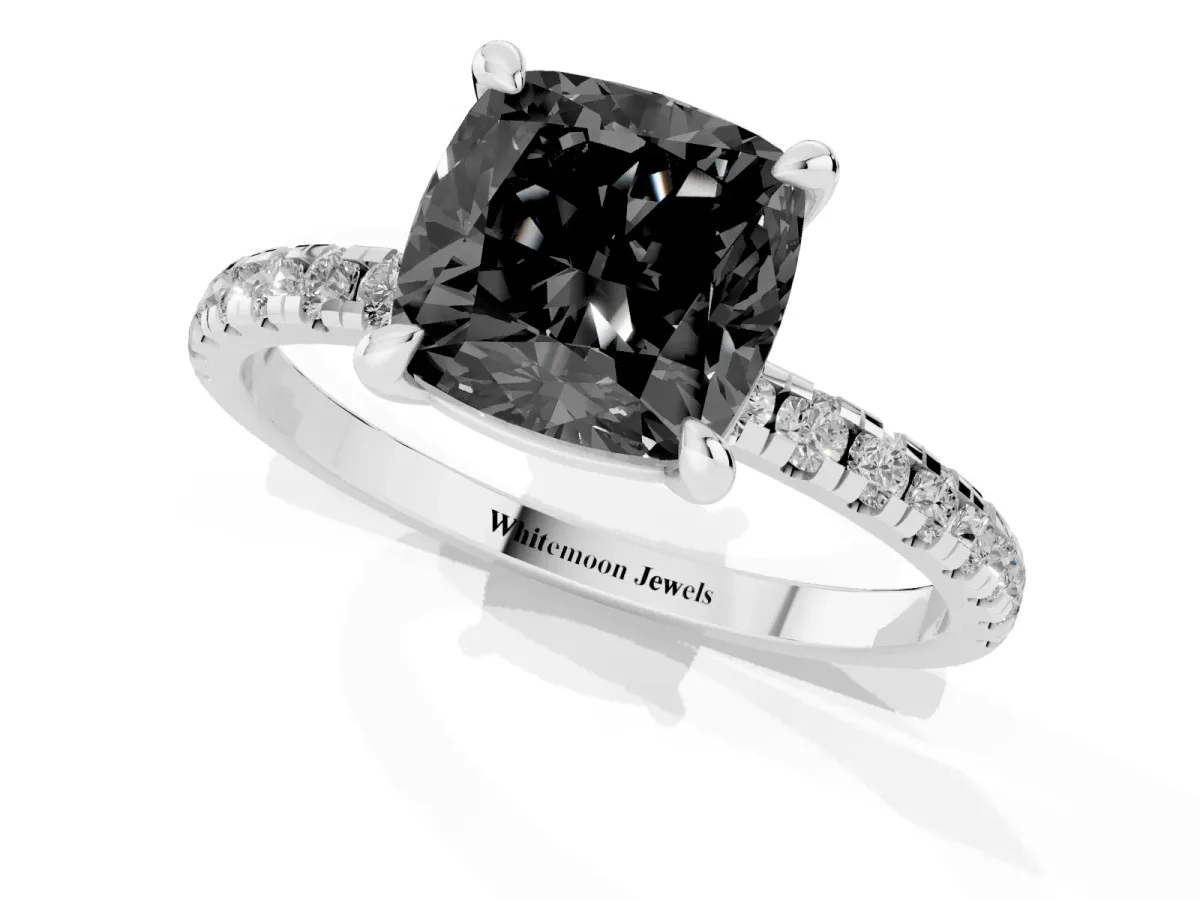 Fancy Black Cushion Cut Diamond Brilliant Solitaire Ring with Pavé Band and Four-Prong Setting White gold