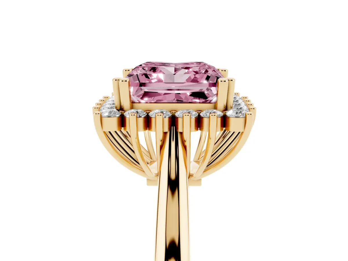 Fancy Pink Princess Cut Cut Diamond Halo Ring with Solitaire Band and Prong Setting Yellow gold