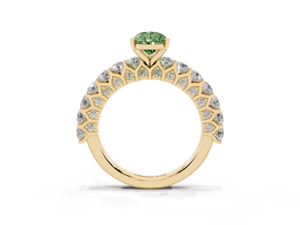 Fancy Green Pear Cut Diamond Solitaire Ring with Shared Prong Pavé Band and Four-Prong Setting Yellow gold