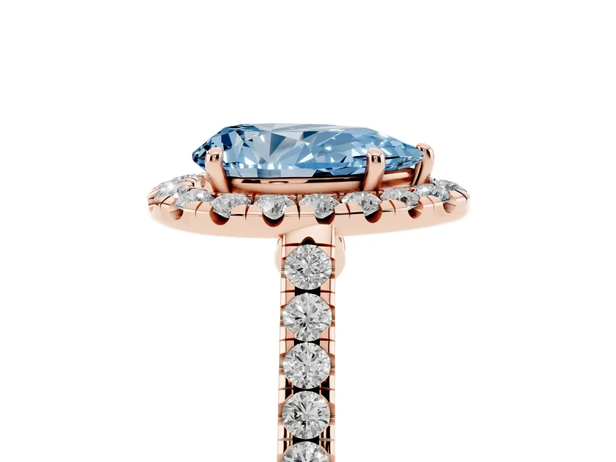 Fancy Blue Pear Cut Halo Pave Diamond Engagement Ring with Four-Prong Setting Rose gold
