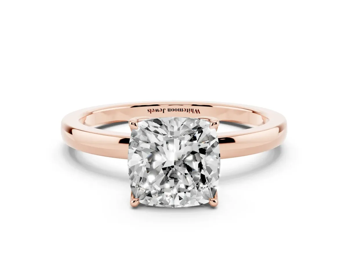 Cushion Cut Diamond Solitaire Ring with Thin Band and Prong Setting Rose gold