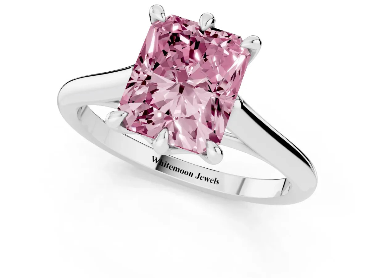 Fancy Pink Radiant Cut Solitaire Engagement Ring with Six-Prong Setting and Classic Band Platinum