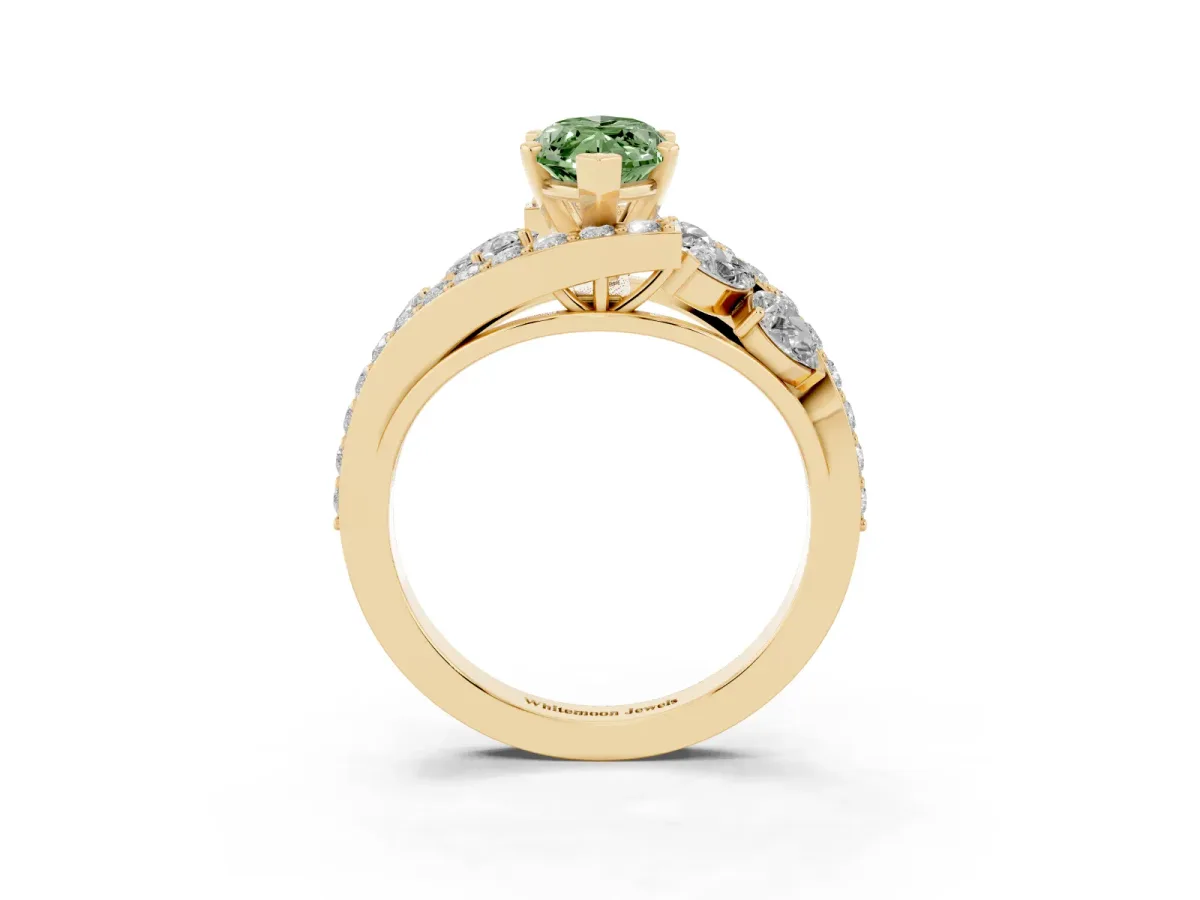 Fancy Green Marquise Cut Diamond Halo Ring with Marquise and Pavé Band in Prong Setting Yellow gold