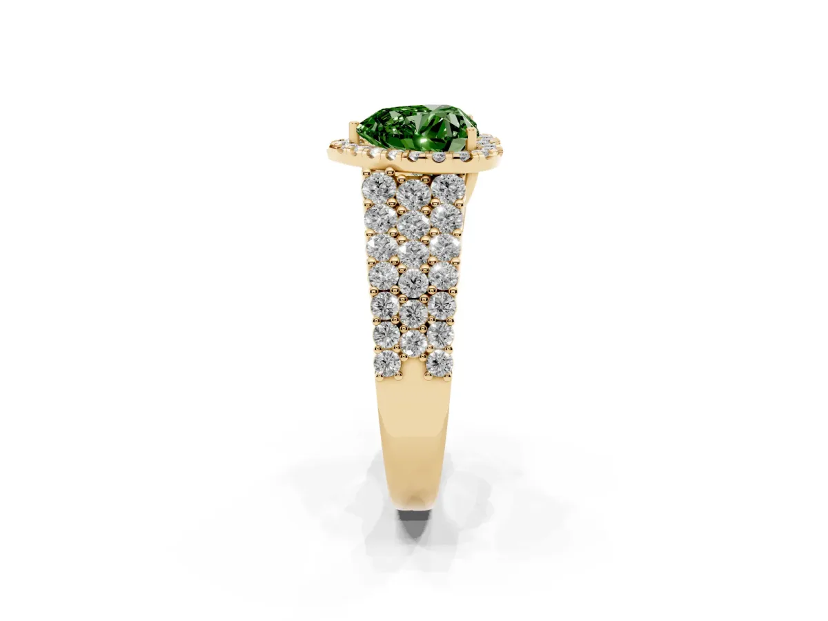Fancy Green Heart Cut Diamond Halo Engagement Ring with Triple Row Round Pavé Band and Prong Setting Yellow gold