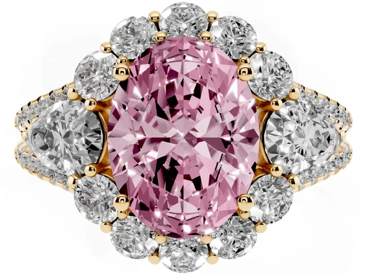 Fancy Pink Oval Cut Halo Split Shank Diamond Engagement Ring with Prong Setting Yellow gold