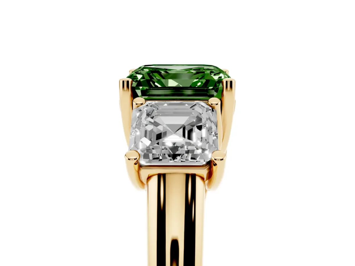 Fancy Green Three-Stone Asscher Cut Diamond Engagement Ring with Prong Setting Yellow gold
